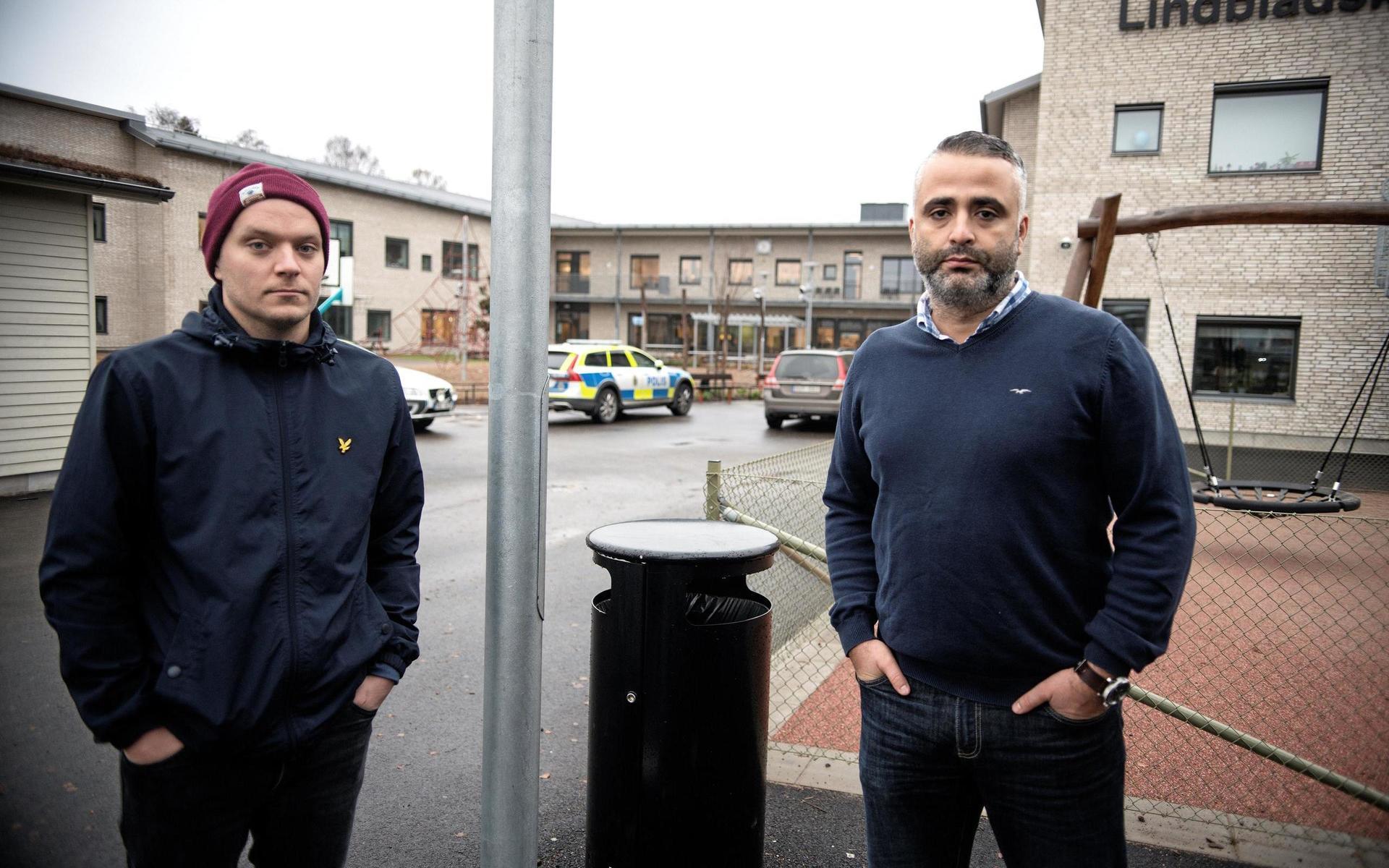 Daniel Andersson och Eivaz Varghaei har båda barn på Lindbladskolan. Båda berömde både polisens och skolans snabba agerande. 